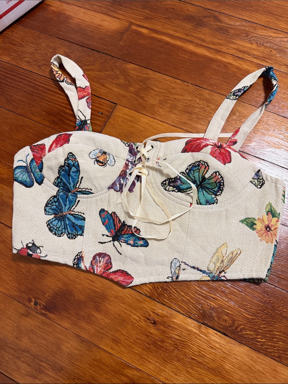 Cider Cream Butterfly & Floral Lace-Up Bustier Crop Top